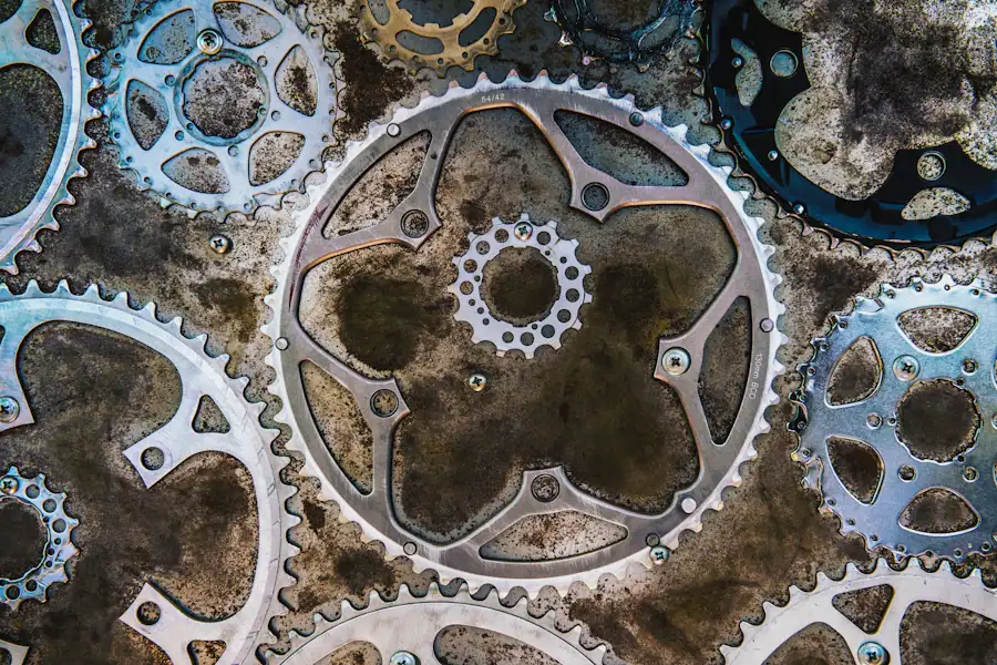 Close view of worn silver and bronze gears