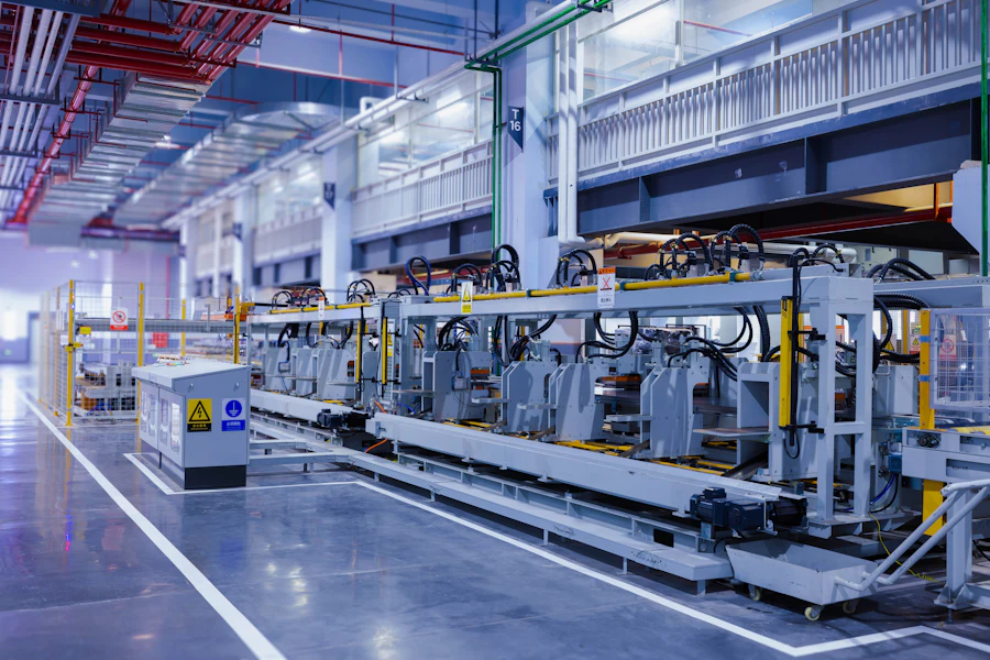 Automated production line in a large, bright factory hall