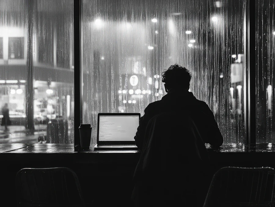 Person at a laptop by a rain-streaked window at night, in black and white