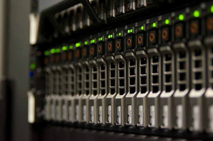 Rack-mounted servers with green status lights