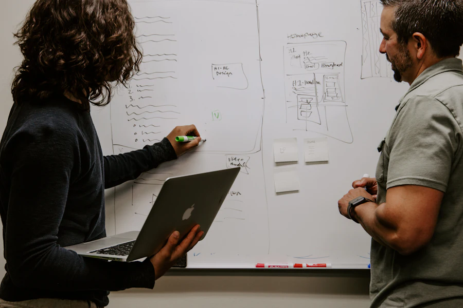 Two colleagues at a whiteboard, one holding a laptop and sketching a diagram